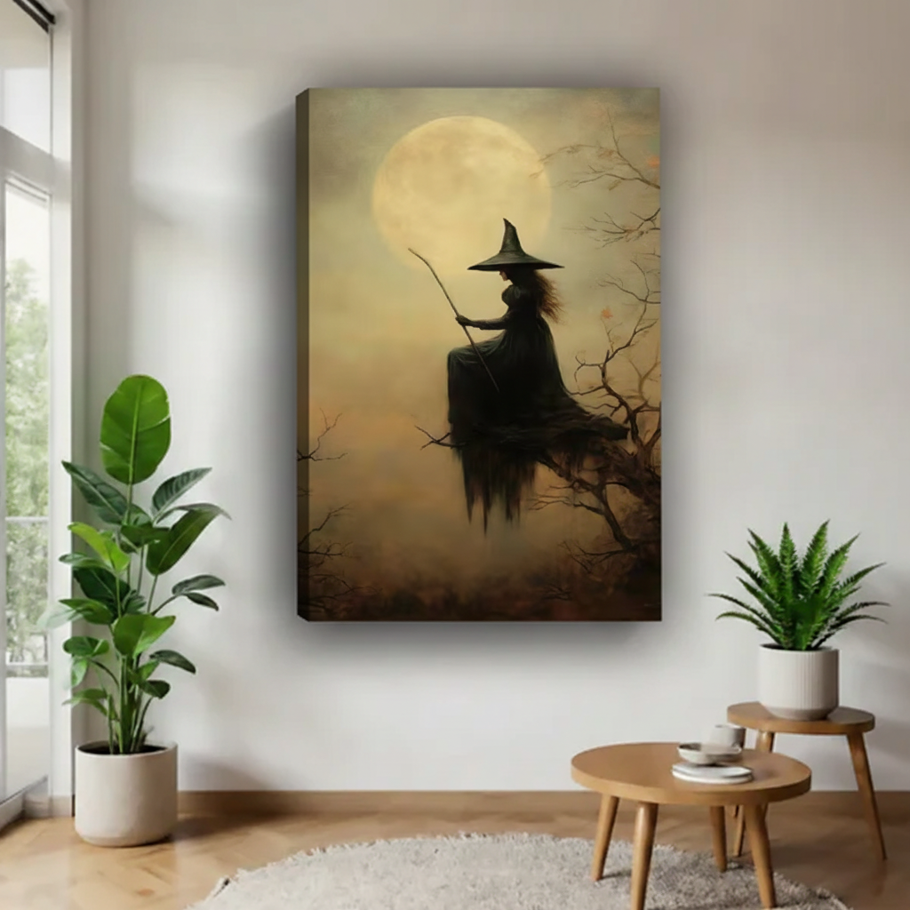 Frameless canvas of mysterious witch silhouette in wide-brim hat perched on gnarled branches with broomstick against glowing amber full moon above cream sofa with green plant