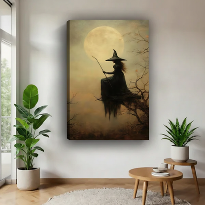 Frameless canvas of mysterious witch silhouette in wide-brim hat perched on gnarled branches with broomstick against glowing amber full moon above cream sofa with green plant