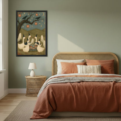 Halloween witch geese party folk art six white geese black witch hats pumpkin lantern crow bare tree black framed canvas wall art on sage green wall above wide rattan arched headboard bed with terracotta linen