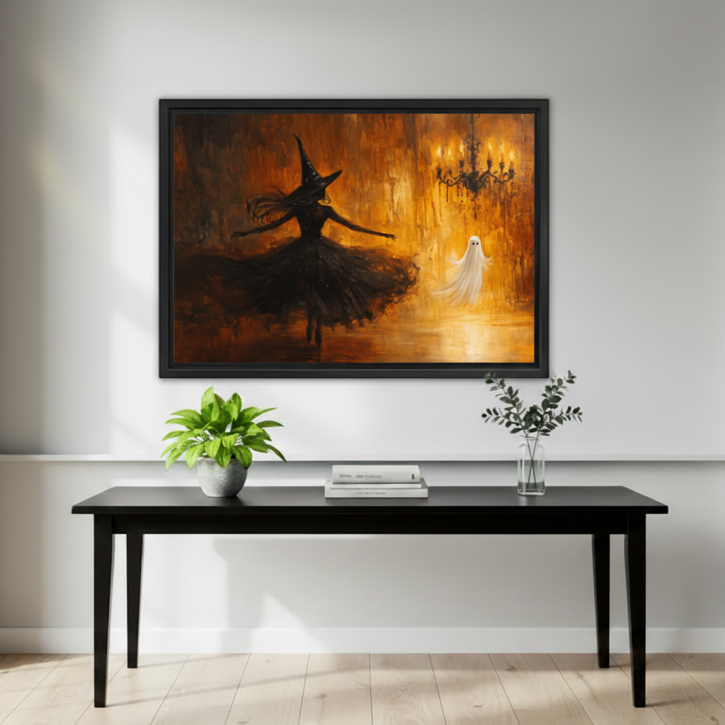 Twirling witch in wide-brim hat facing glowing white ghost in candlelit amber room with chandelier framed canvas above black console table