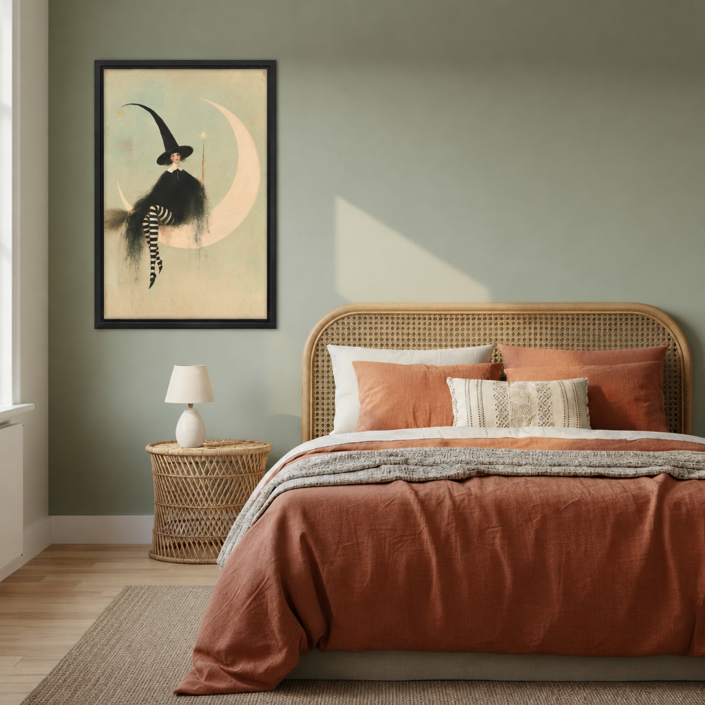 Vintage witch in tall black hat and striped stockings on glowing crescent moon with gold stars framed canvas above rattan bed with terracotta pillows