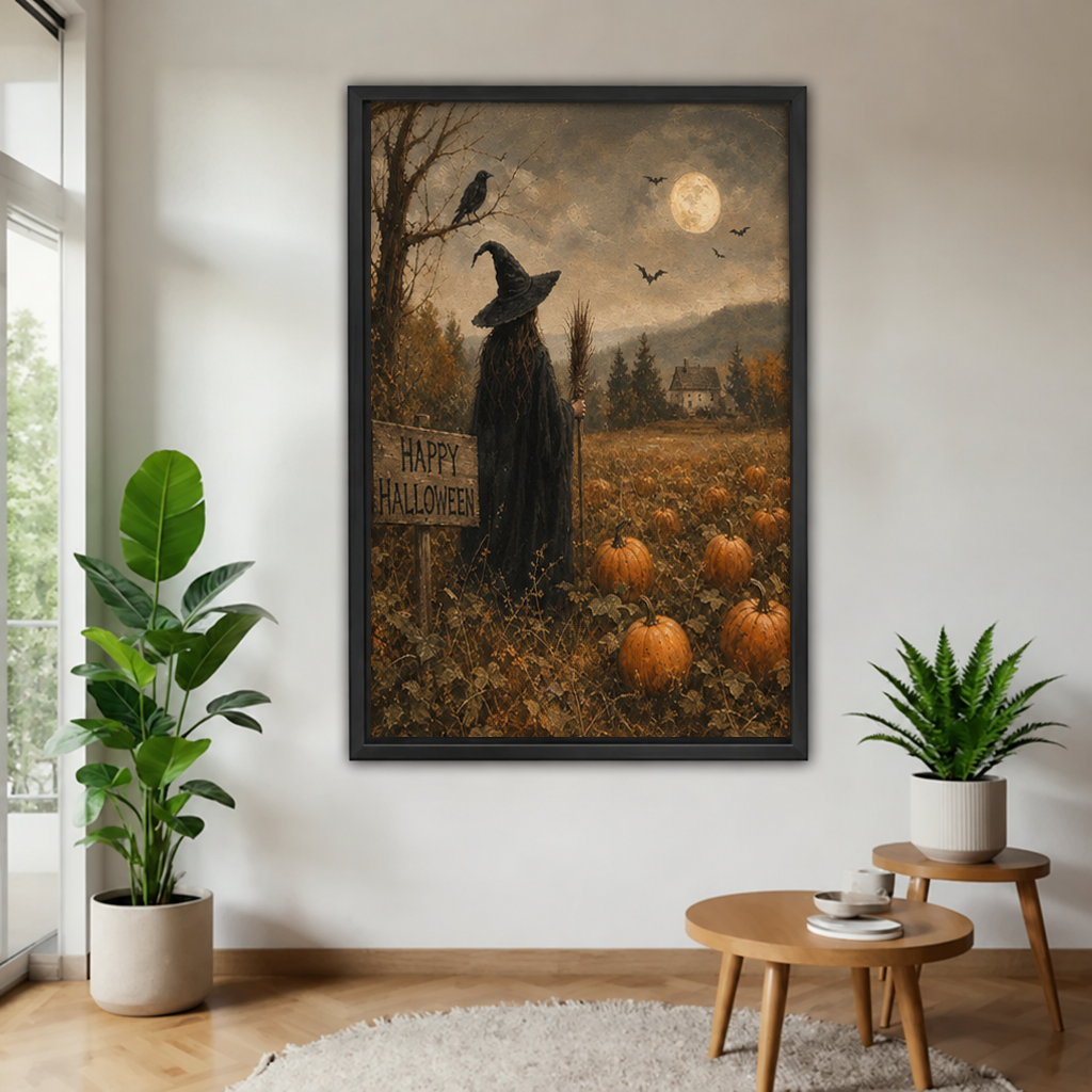 Black-framed Halloween witch pumpkin patch canvas wall art displayed between leafy plants beside small wooden tables.