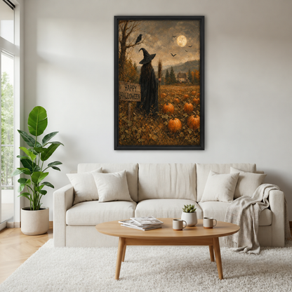 Halloween witch pumpkin patch canvas wall art in a black frame above a cream sofa and wooden coffee table.