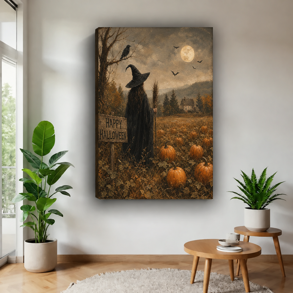 Gallery-wrapped Halloween witch pumpkin patch canvas wall art featuring a full moon and crow near a bright window.