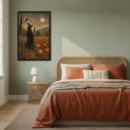  Framed Halloween witch pumpkin patch canvas wall art beside a rattan bed with terracotta bedding and sage walls.