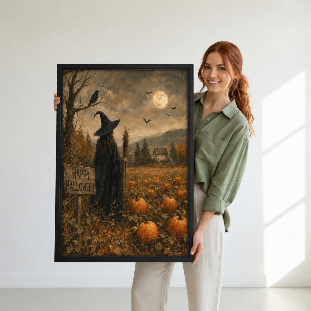 Woman holding framed Halloween witch pumpkin patch canvas wall art with a broom and Happy Halloween sign.