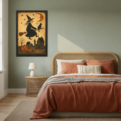 Vintage Halloween witch wall art displayed above the bed in a warm-toned bedroom.