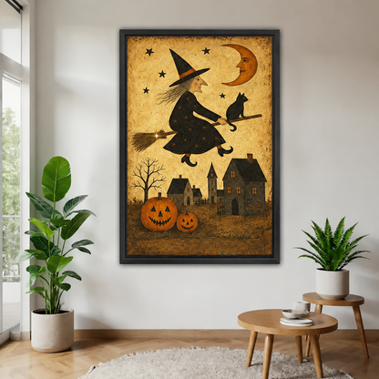 Halloween witch wall art in a black frame displayed above a console table in a bright living room.