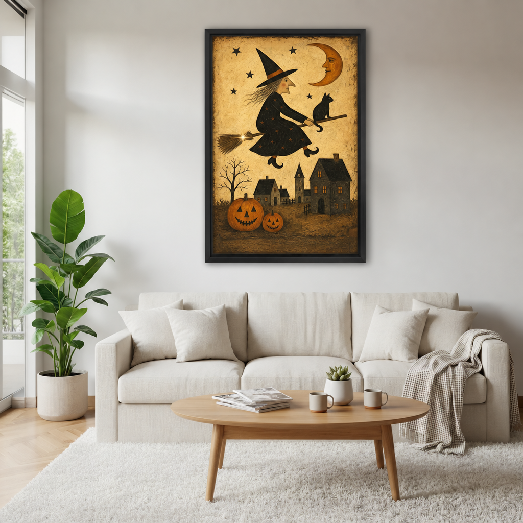 Framed Halloween witch wall art hanging above a white sofa in a calm living room.
