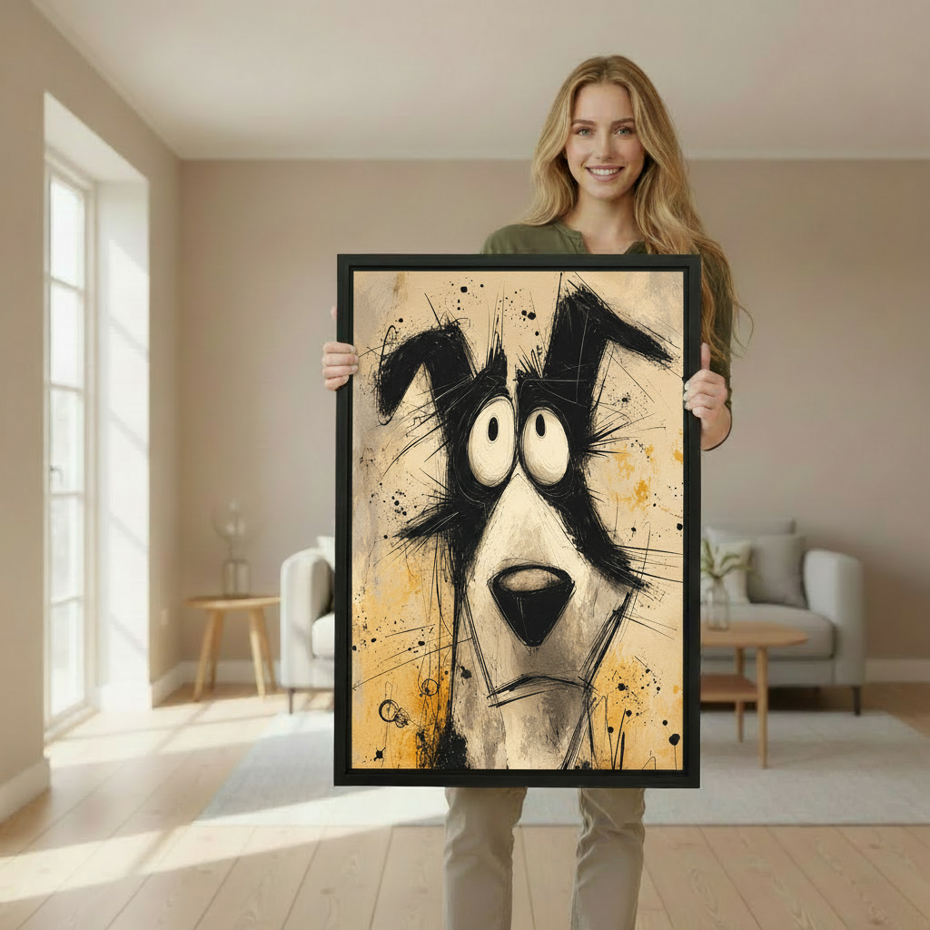 Woman holding abstract black and white dog canvas wall art with a humorous wide-eyed expression
