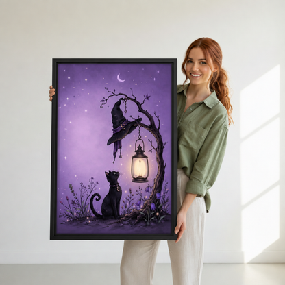 A woman holds black cat and witch hat canvas wall art featuring a lantern, crescent moon, and wildflowers.