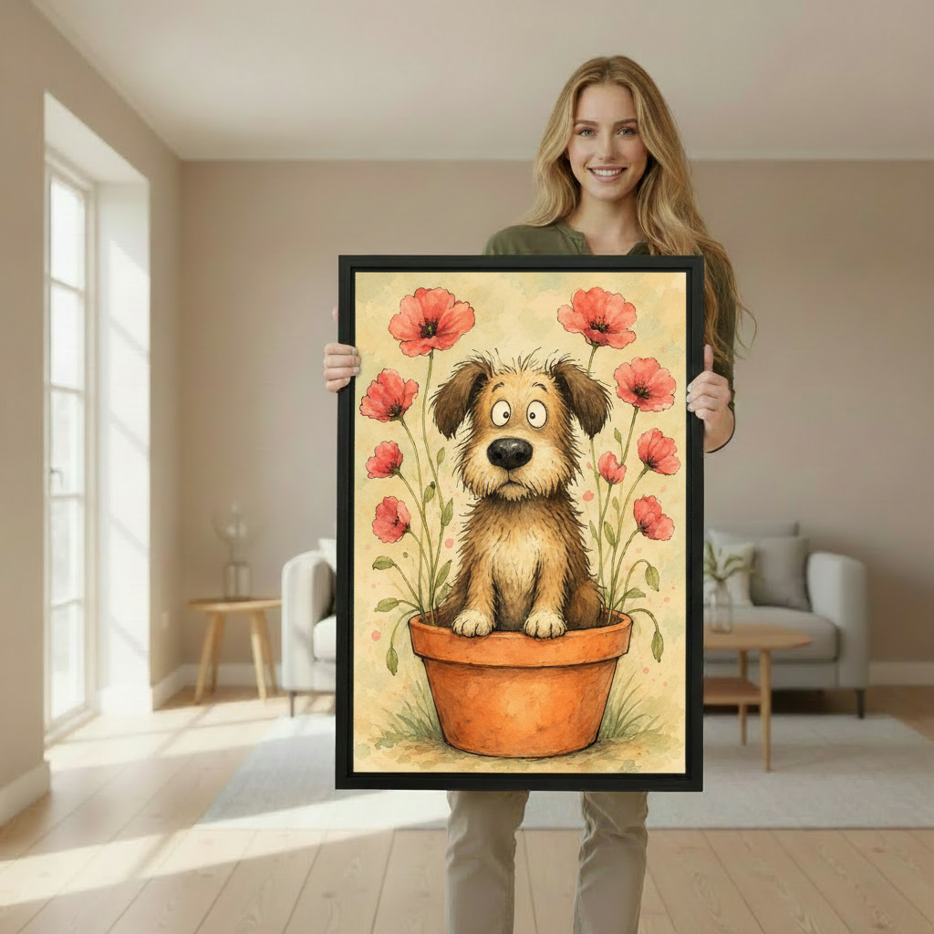 Woman holding puppy flower pot canvas wall art featuring a playful dog and red poppies