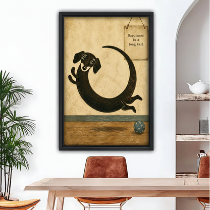 happiness is a long tail dachshund canvas wall art in black float frame above wooden dining table