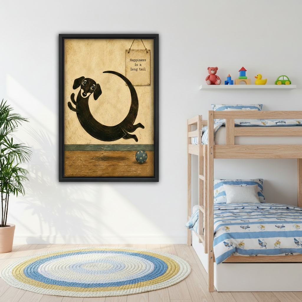 happiness is a long tail dachshund framed canvas wall art in black float frame above kids bunk bed