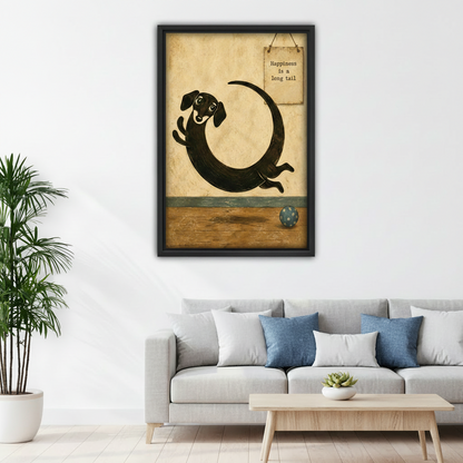 happiness is a long tail dachshund canvas wall art in black float frame above gray living room sofa