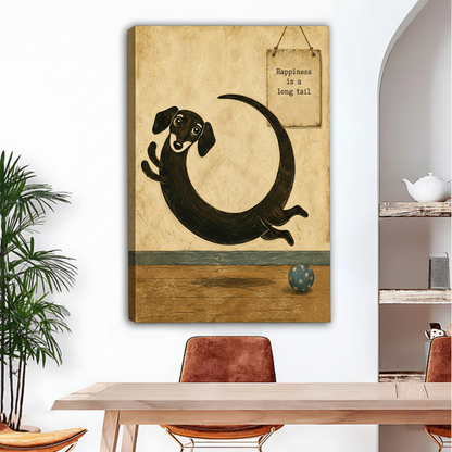 happiness is a long tail dachshund gallery wrap canvas wall art above rustic wooden dining table
