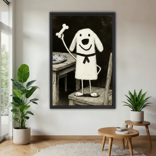 Close-up detail of smiling white cartoon dog standing on chair holding bone, black and white vintage folk canvas print