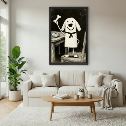 Happy white dog holding bone canvas print in black frame, vintage folk wall art in modern living room decor