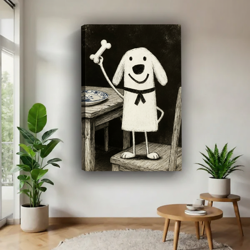 Frameless gallery wrap canvas of happy white dog with bone on black background, vintage folk art wall print thick edges