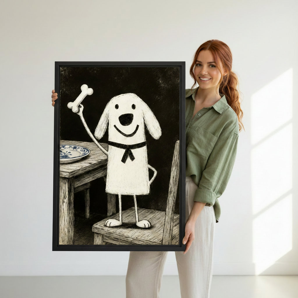 Large black framed happy dog with bone canvas print on white wall, vintage folk dog lover home wall art decor