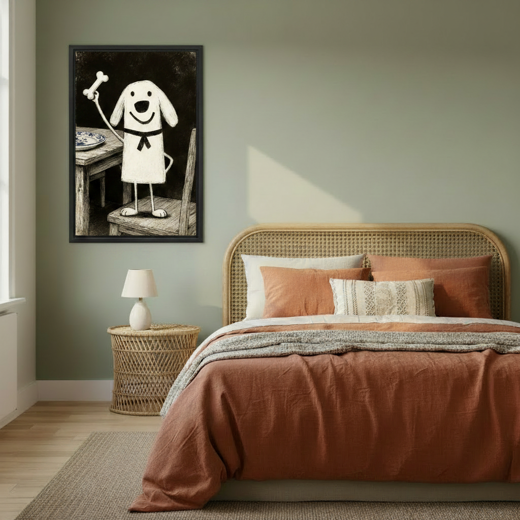 Vintage folk happy dog with bone canvas print in black frame above rattan bed, charming dog wall art bedroom decor