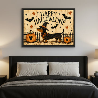Happy Halloweenie dachshund witch hat plaid scarf pumpkins bats stars folk retro horizontal black framed canvas wall art on gray wall above wide dark wood headboard bed with charcoal linen bedding and white pillow