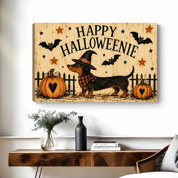 Happy Halloweenie dachshund witch hat plaid scarf pumpkins bats stars folk retro horizontal gallery wrap canvas wall art on white wall above rustic wood console table with dark ceramic vase and white florals natural wrap edges