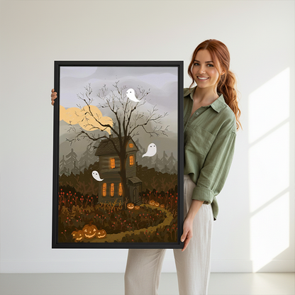 Whimsical haunted house canvas wall art with ghosts and pumpkins in a black frame above a cream sofa.