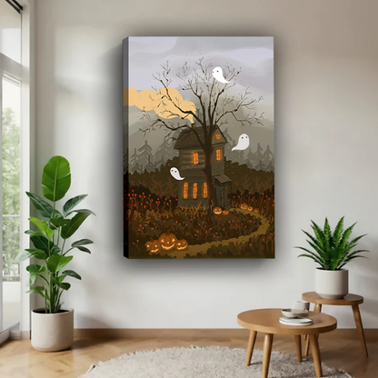 Black-framed haunted house canvas wall art with playful ghosts displayed between green plants beside wooden tables.