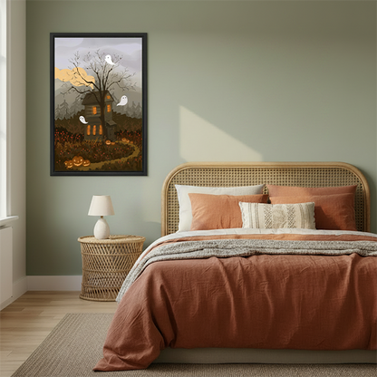 Gallery-wrap haunted house canvas wall art showing white ghosts, glowing windows and pumpkins between potted plants.
