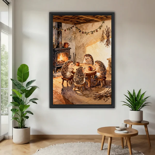 Black-framed hedgehog tea party canvas wall art showing a cozy cottage gathering, displayed between leafy potted plants.