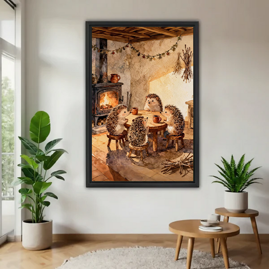 Black-framed hedgehog tea party canvas wall art showing a cozy cottage gathering, displayed between leafy potted plants.