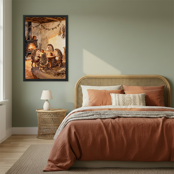 Gallery-wrap hedgehog tea party canvas wall art with rustic cottage details displayed between plants above round wooden tables.