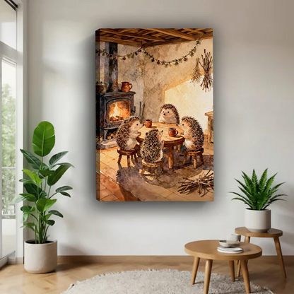 Framed hedgehog tea party canvas wall art with warm firelight beside a rattan bed and terracotta bedding.