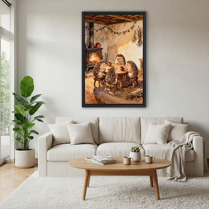 Woman holding framed hedgehog tea party canvas wall art featuring woodland friends around a table beside a glowing stove.