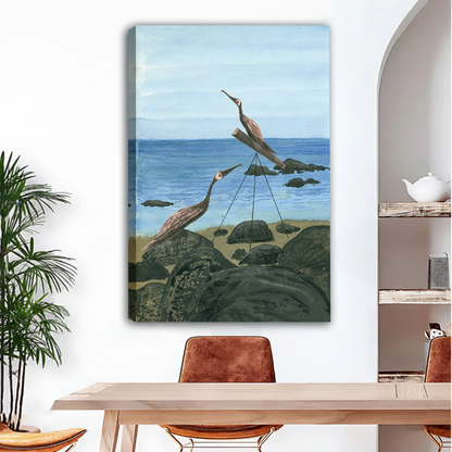 Frameless gallery wrap canvas of two herons on rocky shoreline with blue ocean background in dining room