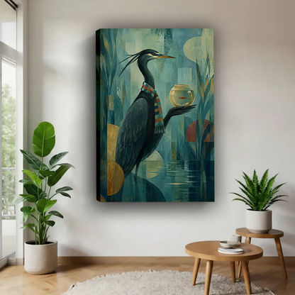 Black-framed heron fishbowl canvas wall art featuring a dark bird holding a fishbowl, displayed between leafy plants.