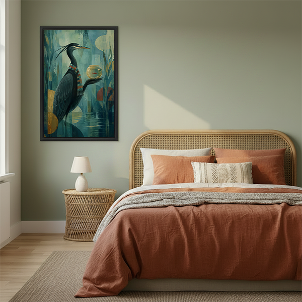 Surreal heron fishbowl canvas wall art in a black frame displayed above a cream sofa and wooden coffee table.