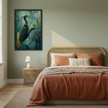 Surreal heron fishbowl canvas wall art in a black frame displayed above a cream sofa and wooden coffee table.