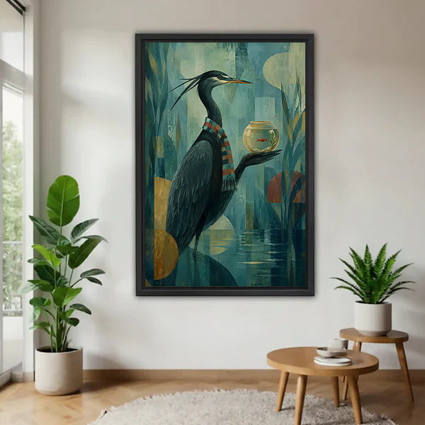 Gallery-wrap heron fishbowl canvas wall art with a striped scarf and teal wetland background displayed between potted plants.