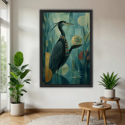 Gallery-wrap heron fishbowl canvas wall art with a striped scarf and teal wetland background displayed between potted plants.