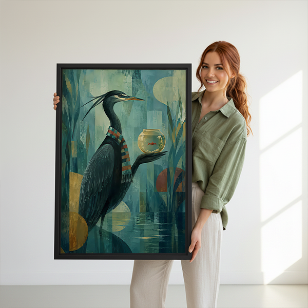 Framed heron fishbowl canvas wall art in moody teal tones beside a rattan bed with terracotta bedding.