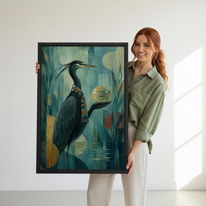 Framed heron fishbowl canvas wall art in moody teal tones beside a rattan bed with terracotta bedding.