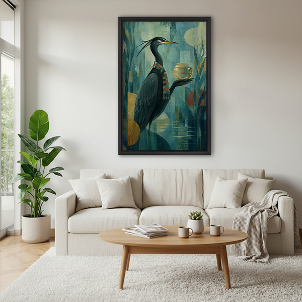 Woman holding framed heron fishbowl canvas wall art showing a scarf-wearing bird balancing a bowl with a red fish.