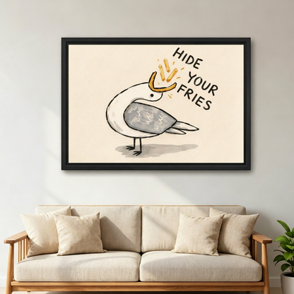 Black-framed seagull wall art featuring a cartoon bird catching fries, displayed above a cream sofa with wooden arms.