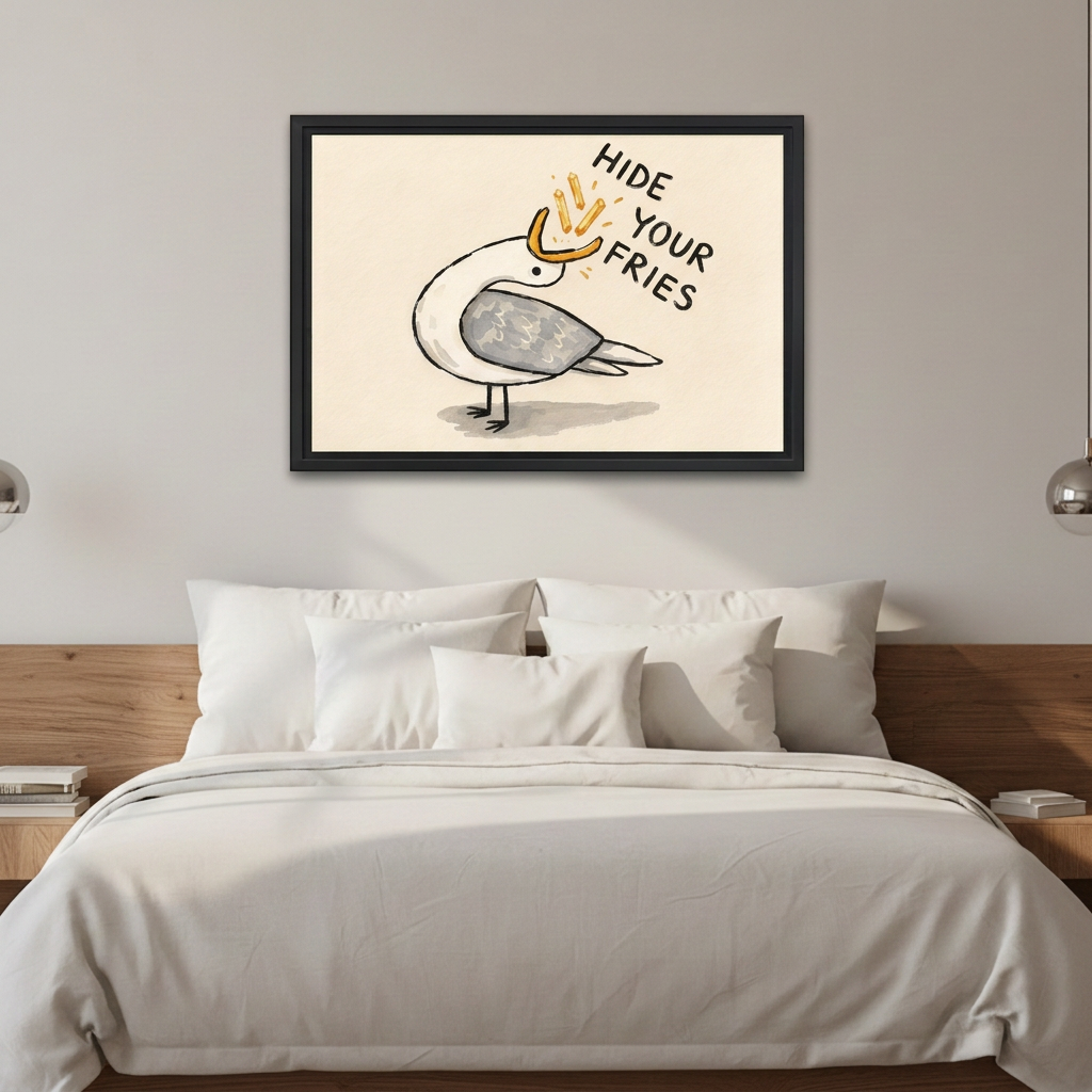 ramed seagull wall art reading “Hide Your Fries” displayed above white bedding and a wooden headboard.