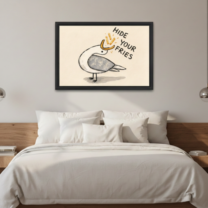 ramed seagull wall art reading “Hide Your Fries” displayed above white bedding and a wooden headboard.