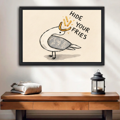 Black-framed seagull wall art with “Hide Your Fries” lettering above a wooden console table beside a lantern.
