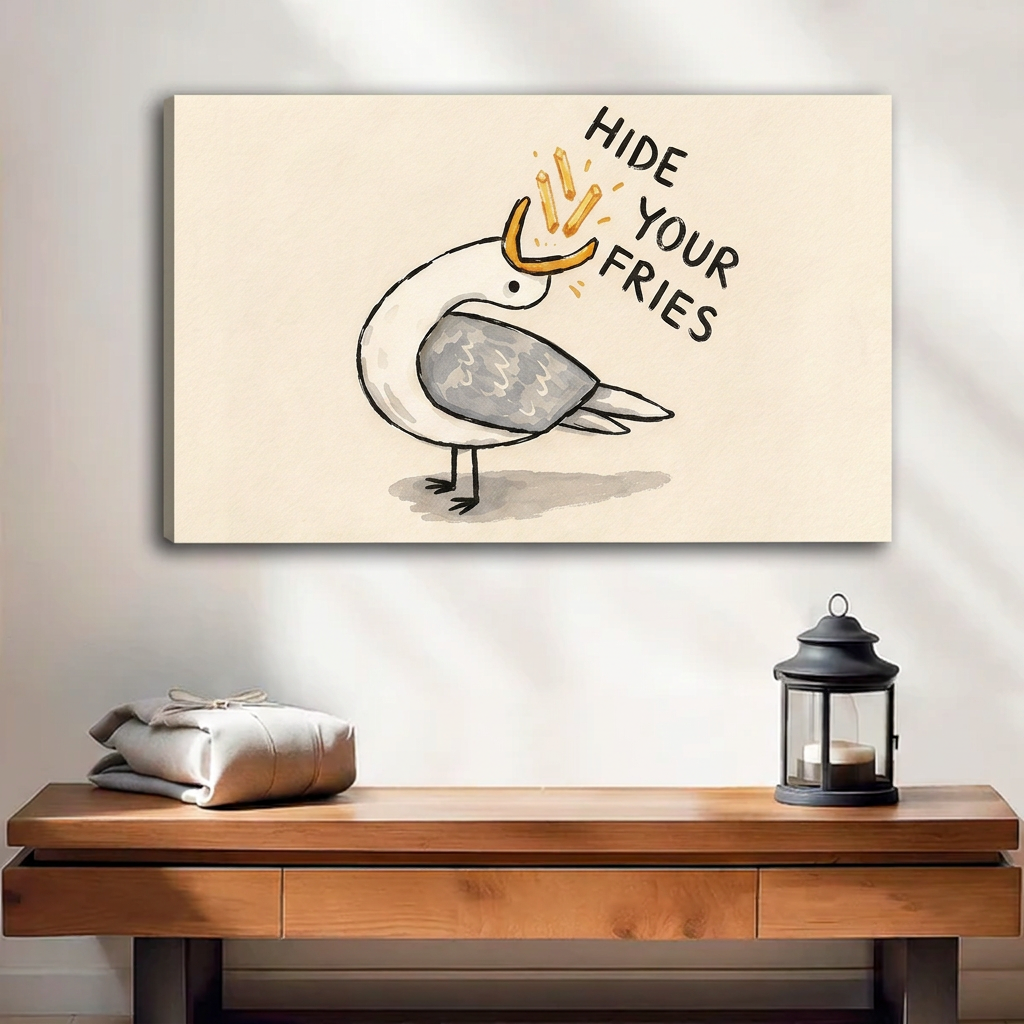 Unframed seagull wall art featuring flying fries and humorous lettering above a wooden table with a black lantern.