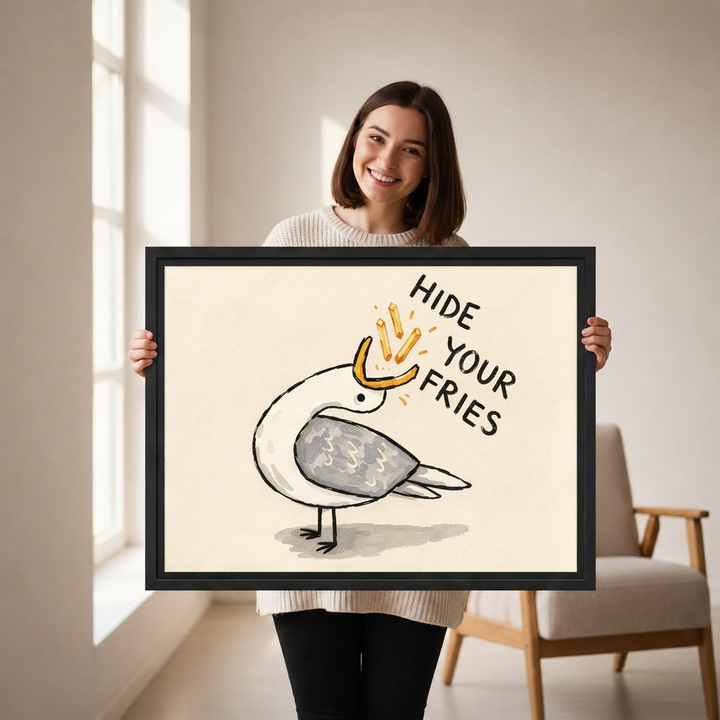 Smiling woman holding framed seagull wall art with a cream background, golden fries, and “Hide Your Fries” lettering.